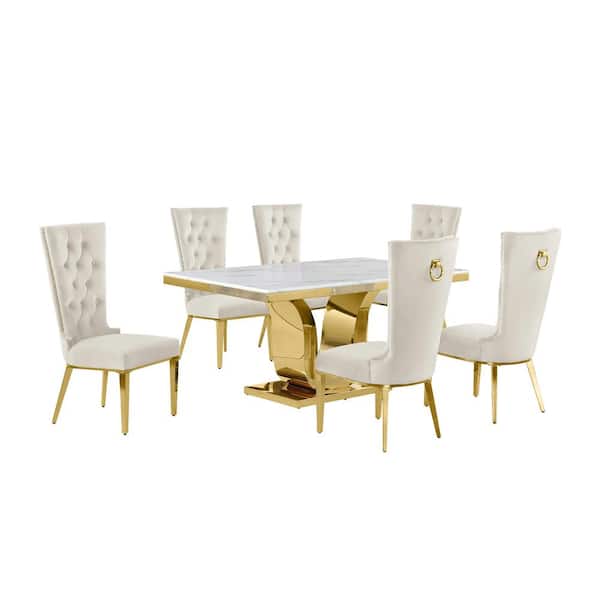 Best Quality Furniture Ada 7-Piece Rectangle White Marble Top With Gold Stainless Steel Dining Set With 6 Cream Velvet Fabric Chairs