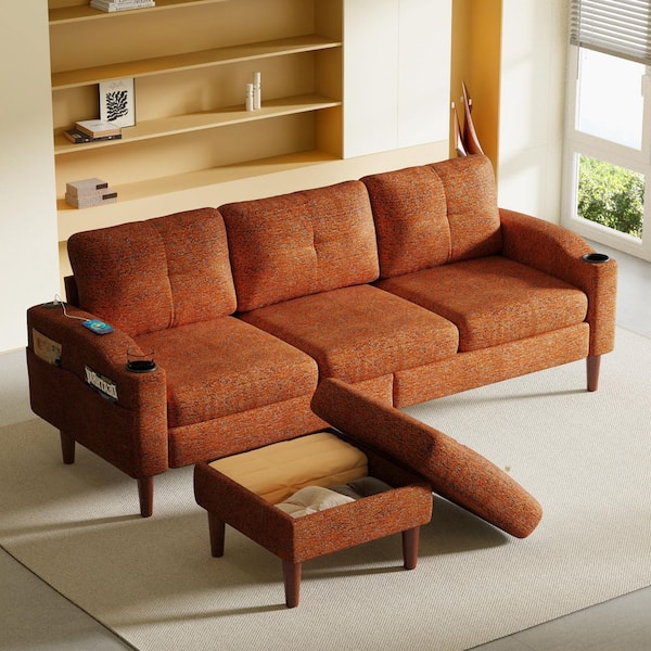 ZSDSKL 53.54 in. Flared Arm Fabric L-shaped Convertible Storage Sofa with Cup Holder & USB Port in. Burnt Orange