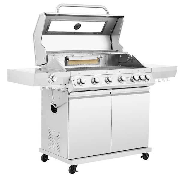Deluxe Stainless Steel 6-Burner Gas Grill with Side & Infrared Rear Burners, LED Knobs & Glass View Window, Silver