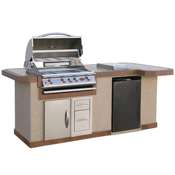 Cal Flame 8 ft. Stucco Grill Island and Side Bar with 4-Burner Stainless Steel Propane Gas Grill