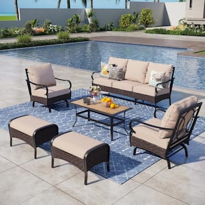 Brown Rattan 7 Seat 6-Piece Steel Outdoor Patio Conversation Set with Beige Cushions, Table with Wood-Grain Top