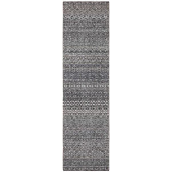 Gray 2 ft. x 8 ft. Woven Striped Polyester Runner Indoor / Outdoor Area Rug