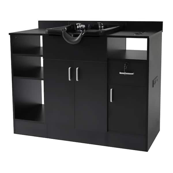 Unbranded 18.7 in. D x 43.3 in. W Freestanding Laundry Sink with Cabinet Black, Salon Station with Shampoo Bowl Faucet & Layer