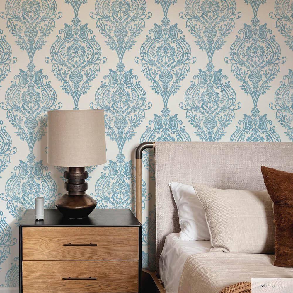 Coastal Blue Damask Non-Pasted Repositionable Wallpaper