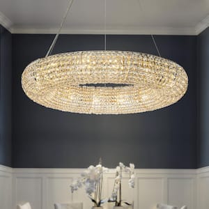 31in 14-Light Halo Round Wagon Wheel Crystal Chandelier in Soft Gold Not Buld Included for Living Room