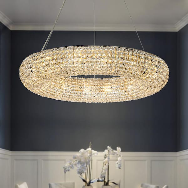 ALOA DECOR 31in 14-Light Halo Round Wagon Wheel Crystal Chandelier in Soft Gold Not Buld Included for Living Room