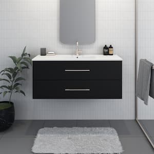 Napa 48 W x 18 D x 21 H Single-Sink Bath Vanity Wall Mounted In Glossy Black with White Ceramic Integrated Countertop