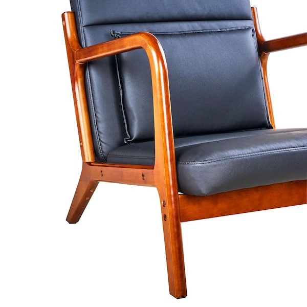 Mid-Century Modern Accent Chair, Solid Wood Frame, Black Upholstery, Comfortable Lounge Chair with 1 Pillow Set of 2