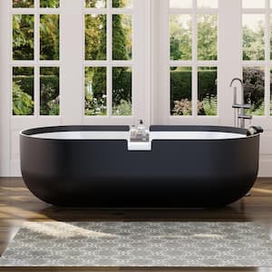 70.87 in. x 35.43 in. Stone Resin Solid Surface Freestanding Soaking Bathtub with Hose, Drain and Pillow in Matt Black