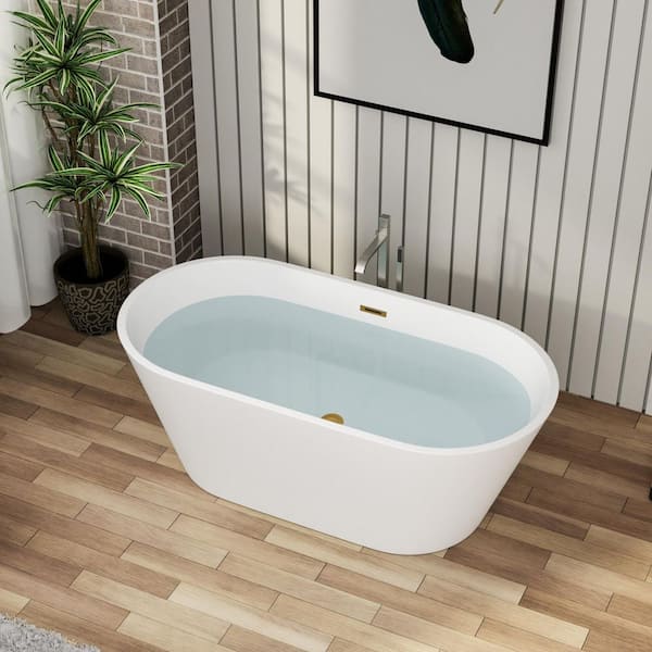 59 in. x 29.5 in. Soaking Bathtub with Center Drain in Gloss White with Gold Overflow and Pop-Up Drain