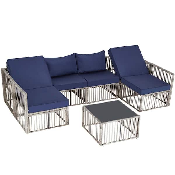 Zeus & Ruta 7 Pieces Gray Wicker Patio Conversation Set Sofa set with Blue Cushions and 1 Coffee Table