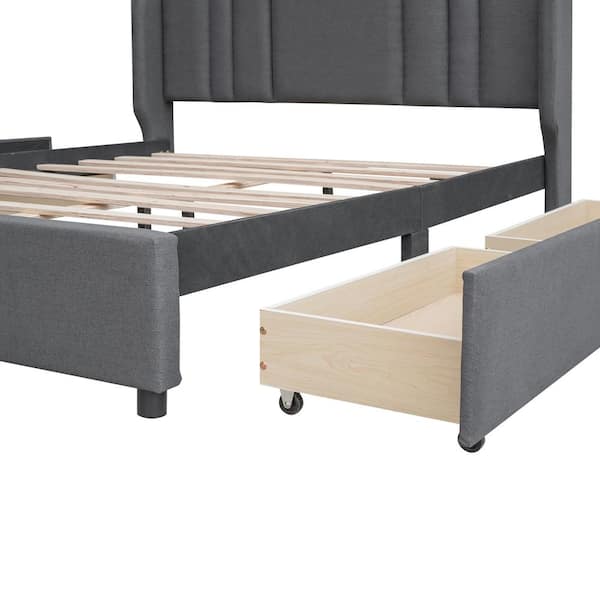 Harper & Bright Designs Gray Upholstered Wood Frame Queen Size Platform Bed with Wingback Headboard and 4-Storage Drawers