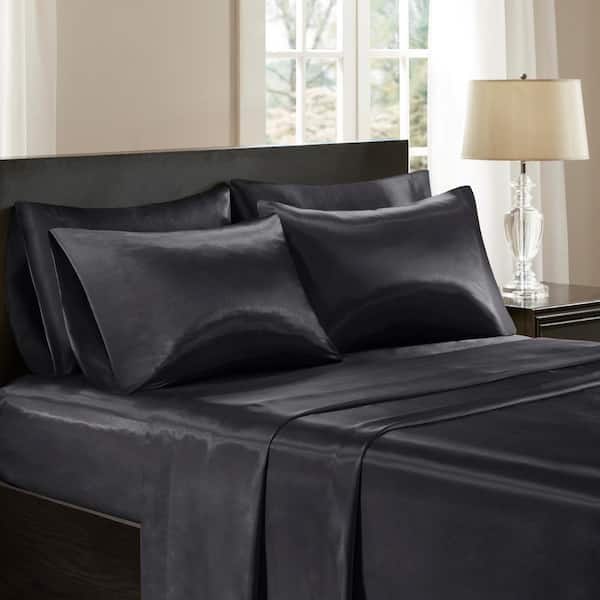Madison Park Satin 6 Piece Black Solid, Black And Gold California King Bedding