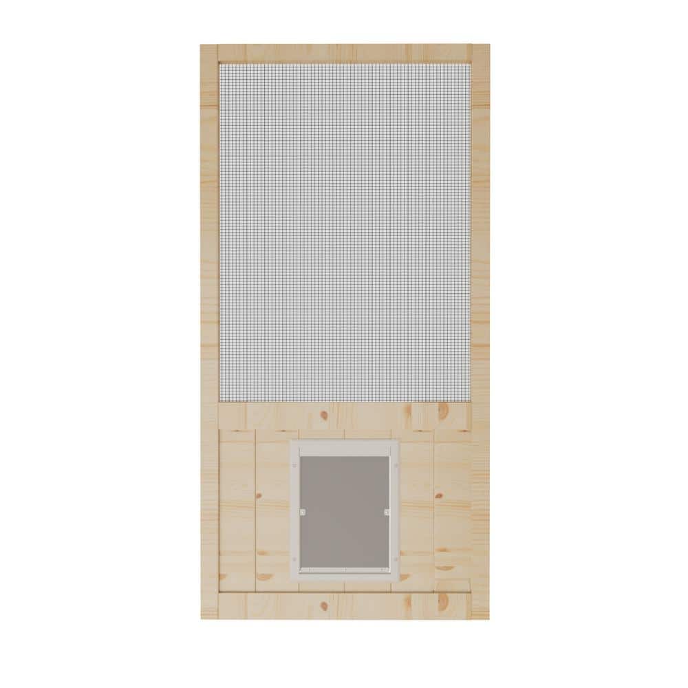 ARK DESIGN 30 in. x 80 in. Single Universal Paneled Finished Pine Wood and Gauze Mesh Hinged Screen Door with Pet Door