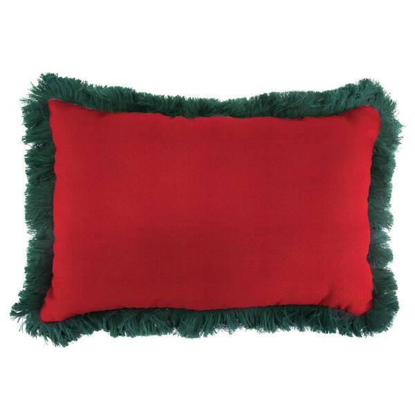 Jordan Manufacturing Sunbrella 19 in. x 12 in. Spectrum Crimson Lumbar Outdoor Throw Pillow with Forest Green Fringe