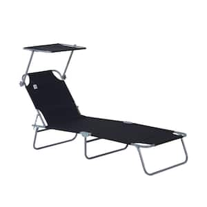 Black Outdoor Adjustable Folding Lounge Chair, Tanning Chair with Sun Shade for Beach, Camping, Hiking and Backyard