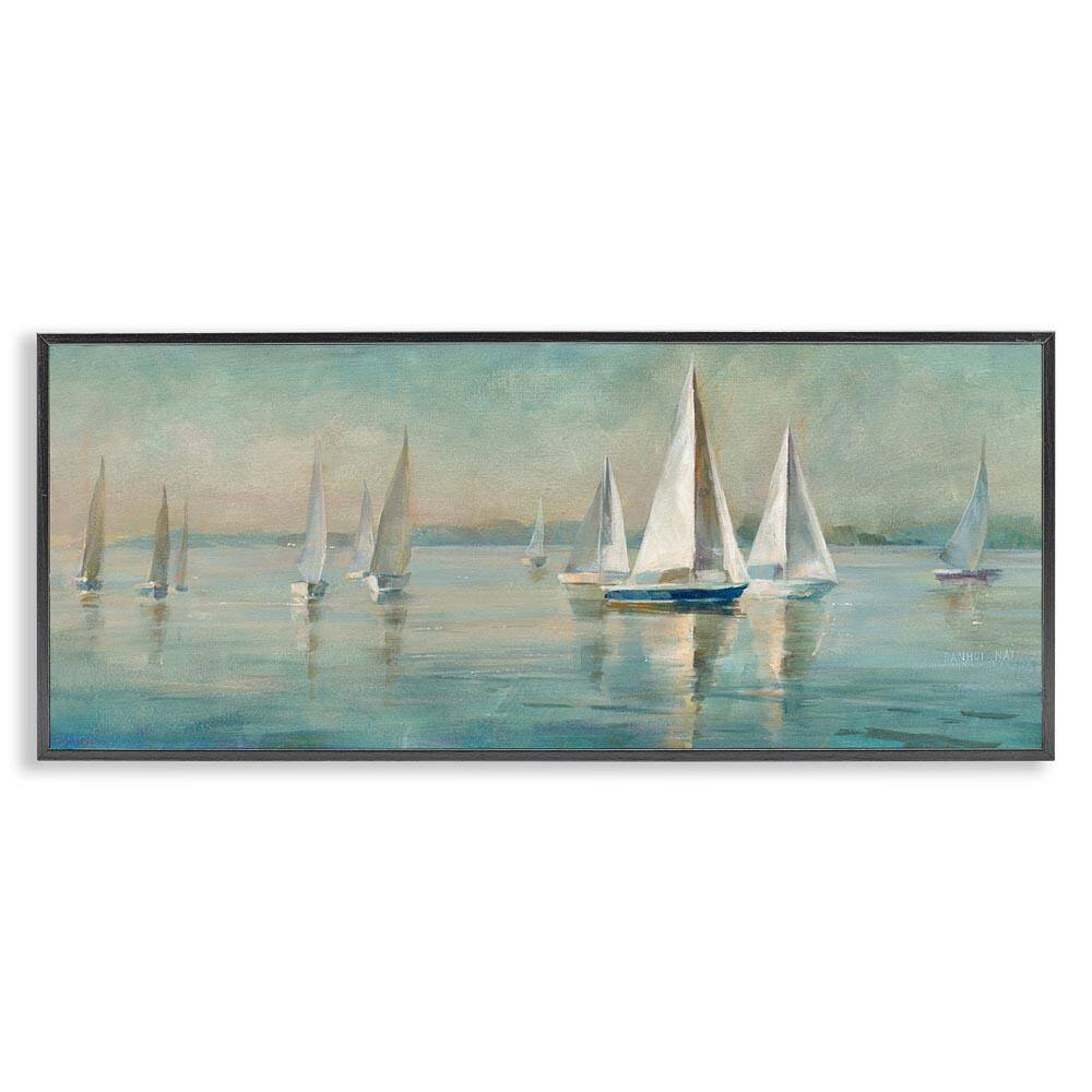 Panoramic Sailing at Sunrise by Danhui Nai Black Framed Coastal Giclee Art Print 13 in. x 30 in.