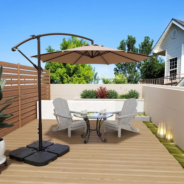 Bayshore Outdoor 10 ft. Hanging Offset Cantilever Patio Umbrella with Easy Crank Lift and Base Weights in Beige