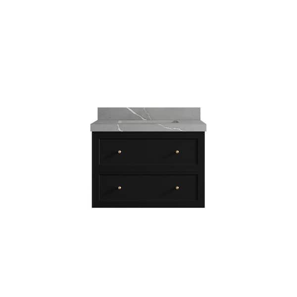 Willow Collections Roswell 30 in. Single Sink Freestanding Black Bath Vanity with Piatra Gray Qt. Top Unassembled