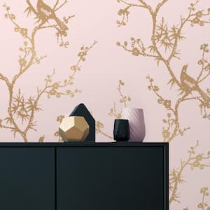 Cynthia Rowley Bird Watching Rose Pink & Gold Peel and Stick Wallpaper (Covers 60 sq. ft.)
