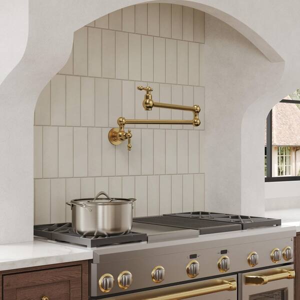 24 in. Wall-Mount Double-Handle Pot Filler Faucet with Dual Swing Arms Spot Resist in Brushed Gold