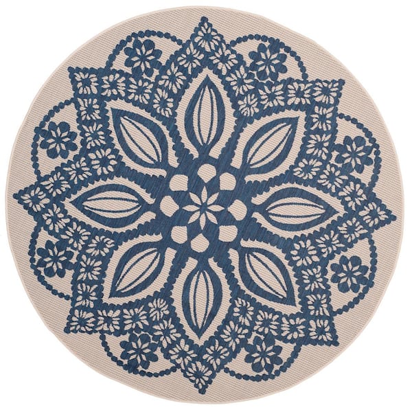 Courtyard Beige/Navy 7 ft. x 7 ft. Round Border Indoor/Outdoor Patio  Area Rug
