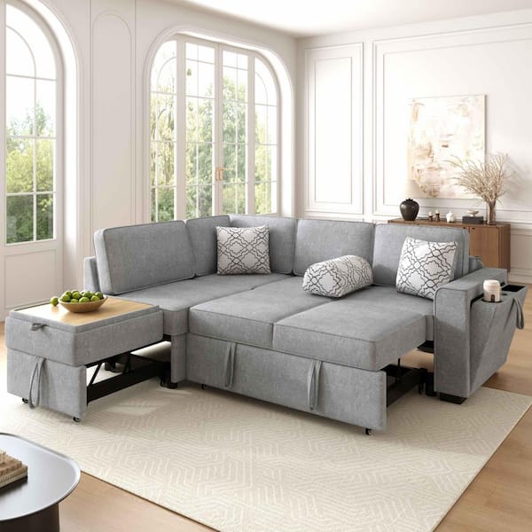 83.9 in. Square Arm Chenille Sectional Sofa with Pull-Out Sleepers, Flip-Top Table, USB Ports, Cup Holder in. Light Gray