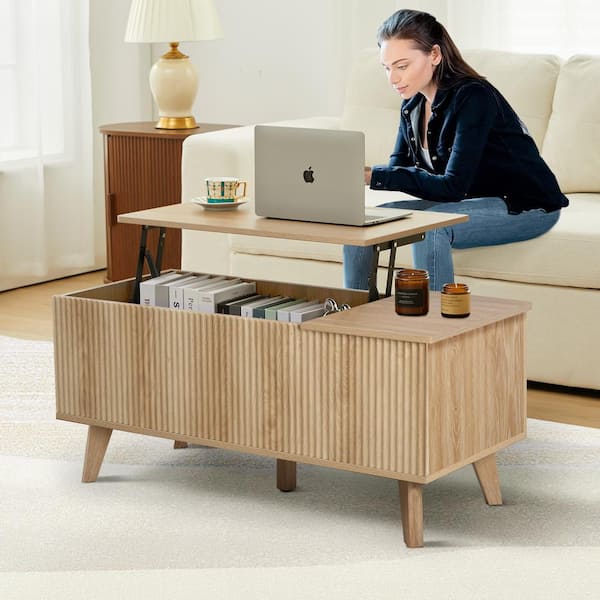 フリーテーブル ATHMILE 39 in. Natural Rectangle Wood Lift-top Coffee Table With