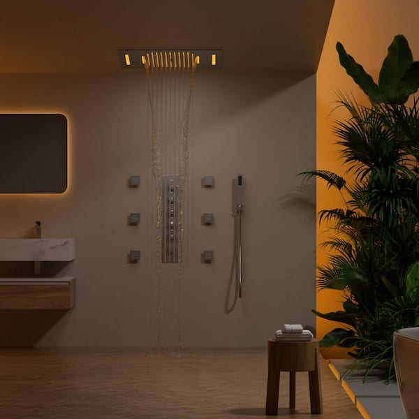 Aurora 20 in. Mood Light Quadruple Handles 4-Spray Shower Faucet 2.5 GPM with Bluetooth, Anti Scald in. Brushed Nickel