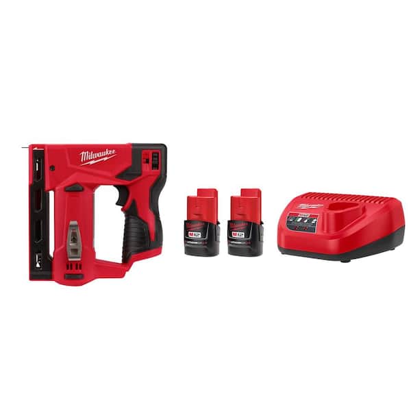 Milwaukee - M12 12-Volt Lithium-Ion Cordless 3/8 in. Crown Stapler with M12 Compact 2.0 Ah Battery (2-Pack) Starter Kit and Charger