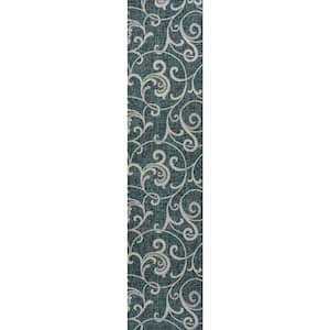 Maribel Turquoise/Cream 2 ft. x 8 ft. Traditional Classic All-Over Scroll Indoor/Outdoor Runner Rug