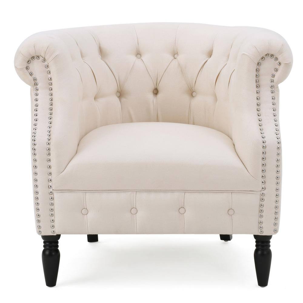 Beige Tufted Polyester Arm Chair with Wood Frame