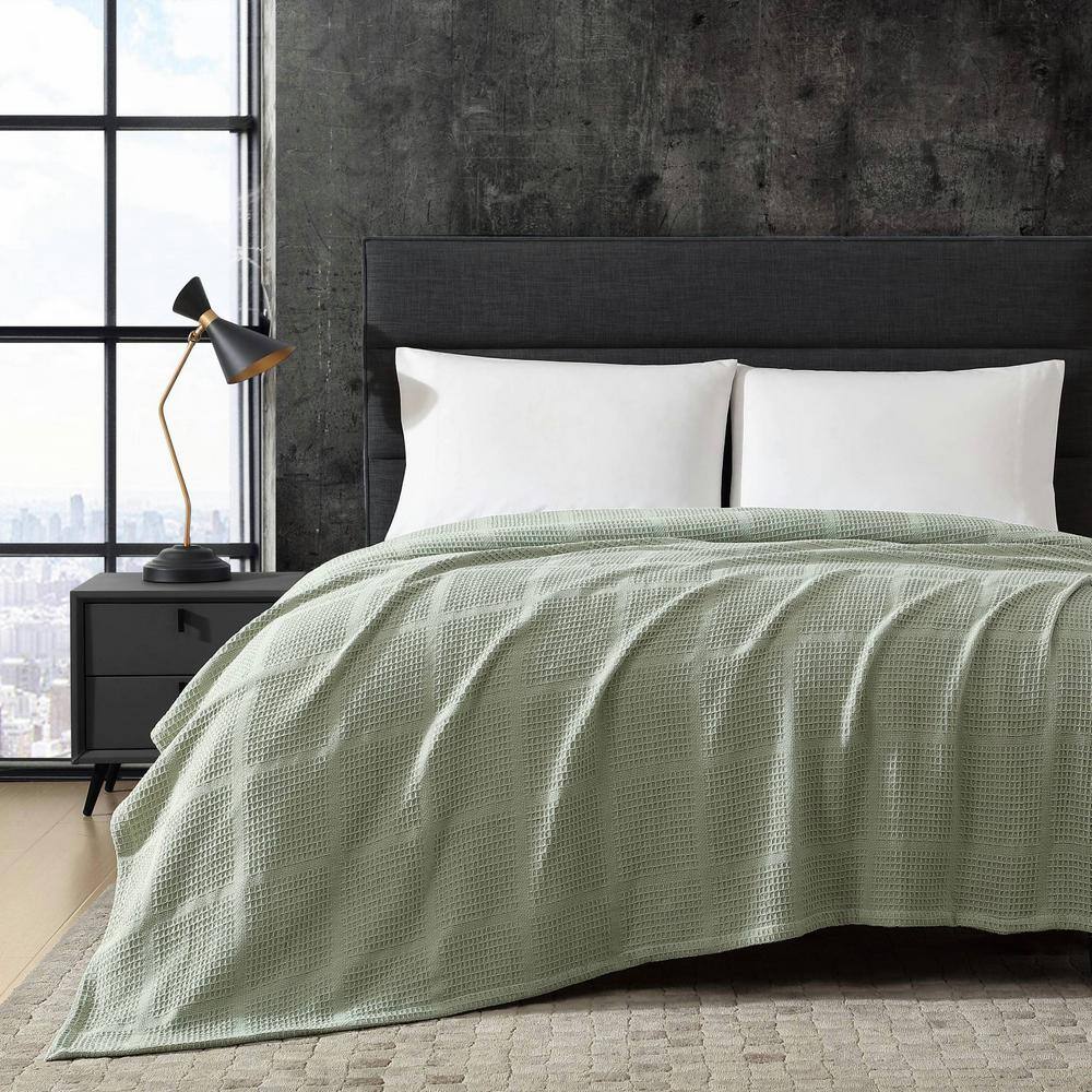 Twin Sage Green Cotton Waffle Weave Blanket