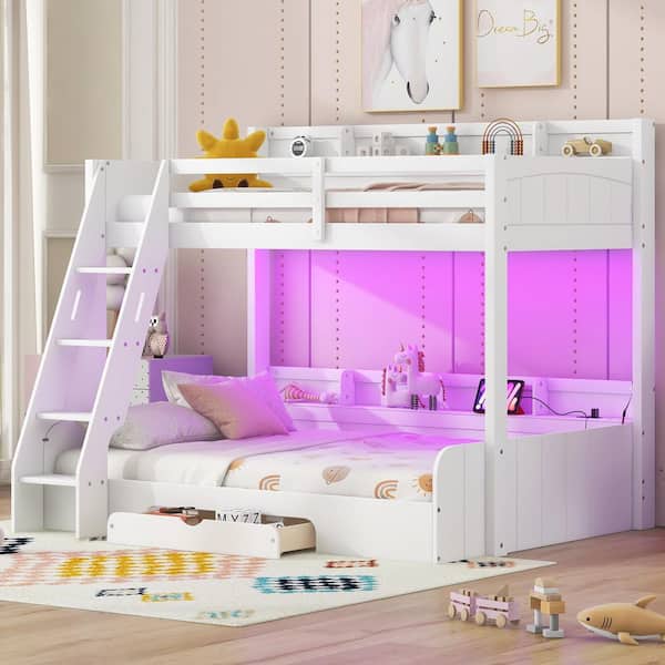 White Twin Over Full Bunk Bed with Storage Shelves, LED, Charging Station and a Drawer