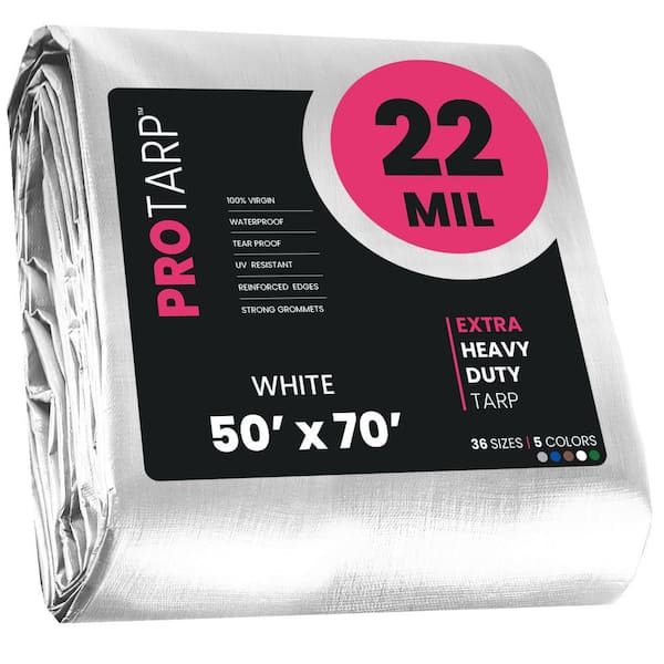 PROTARP 50 ft. x 70 ft. White 22 Mil Heavy Duty Polyethylene Tarp, Waterproof, UV Resistant, Rip and Tear Proof