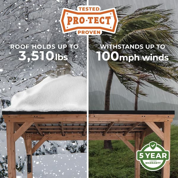 Arcadia 12 ft. x 9 ft. 6 in. All Cedar Wood Gazebo with Hard Top Steel Metal Roof and Electric, Brown