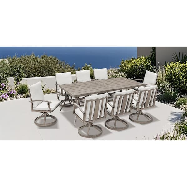 Limed Oak 9-Piece Aluminum Outdoor Dining Set with Rectangular Table and Beige Cushions