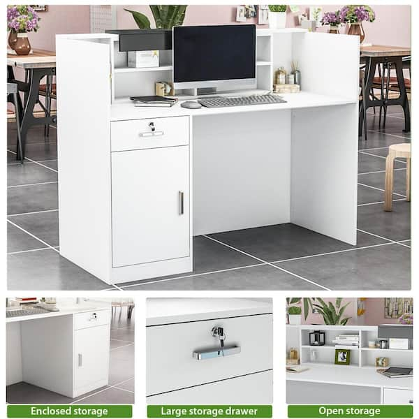 FUFU&GAGA 55.1 in. W x 43.3 in. H White MDF Computer Desk with a Desktop 3- Storage Shelves 1-Drawer and 1-Cabinet DRF-KF250003-01-dd - The Home Depot