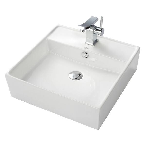KRAUS Square Ceramic Vessel Sink in White with Unicus Vessel Sink Faucet in Chrome