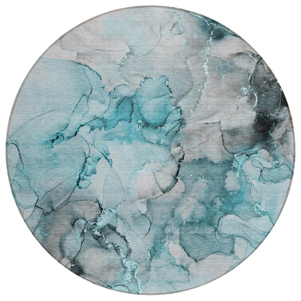 Teal and Gray Round Machine Washable Area Rug