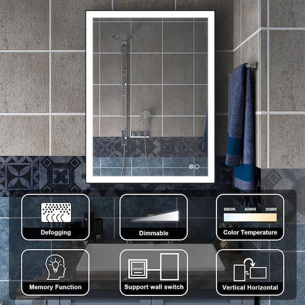 RECA 24 in W x 32 in. H Rectangular Single Aluminum Framed Anti-Fog LED Light Wall Bathroom Vanity Mirror in Matte Black