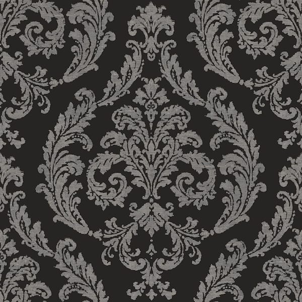Unbranded Palazzo 2 Collection Black/Silver Silk Damask Vinyl on Non-Woven Non-Pasted Wallpaper Roll