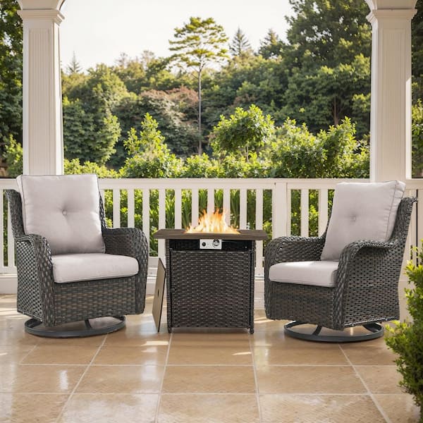 Arcline 3-Piece Brown Wicker Outdoor Dining Set with Olefin Beige Cushions Fire Pit Sets with Swivel Gliders for Patio