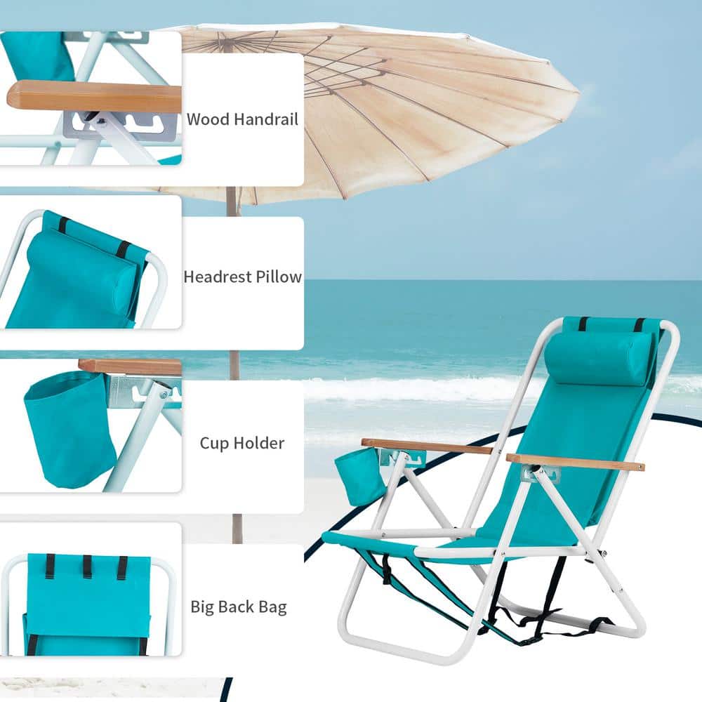Mint Green Steel Folding Beach Armchair Set with Adjustable Backrest