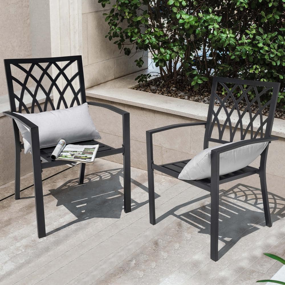 Black Iron Stackable Outdoor Patio Chairs with Lattice Design (2-Pack)