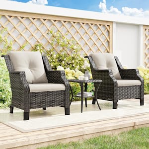 3-Piece Wicker Patio Outdoor Lounge Chairs Conversation Set with Beige Cushions