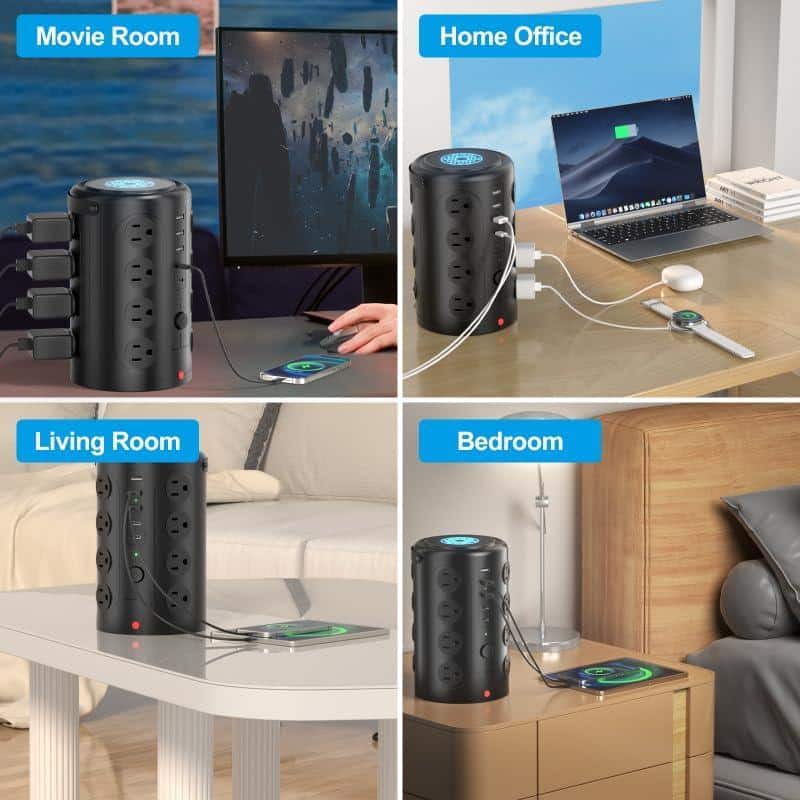 Black Heavy Duty Tower Power Strip with 16 Outlets and 5 USB Ports
