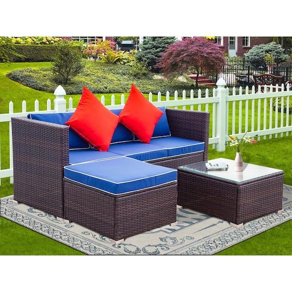 Harper & Bright Designs Simple Design Brown 3-Pieces Wicker Outdoor Sectional Set with Blue Cushions