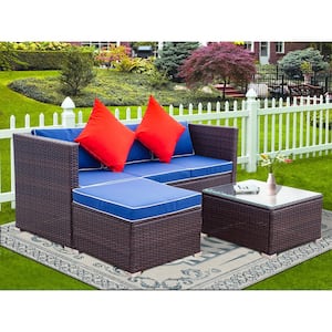 Brown 3-Piece Wicker Outdoor Sectional Set with Blue Cushions