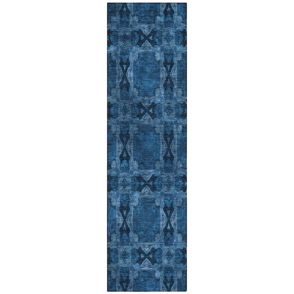 Navy and Gray 2 ft. x 8 ft. Woven Floral;Medallion Runner Indoor/Outdoor Area Rug